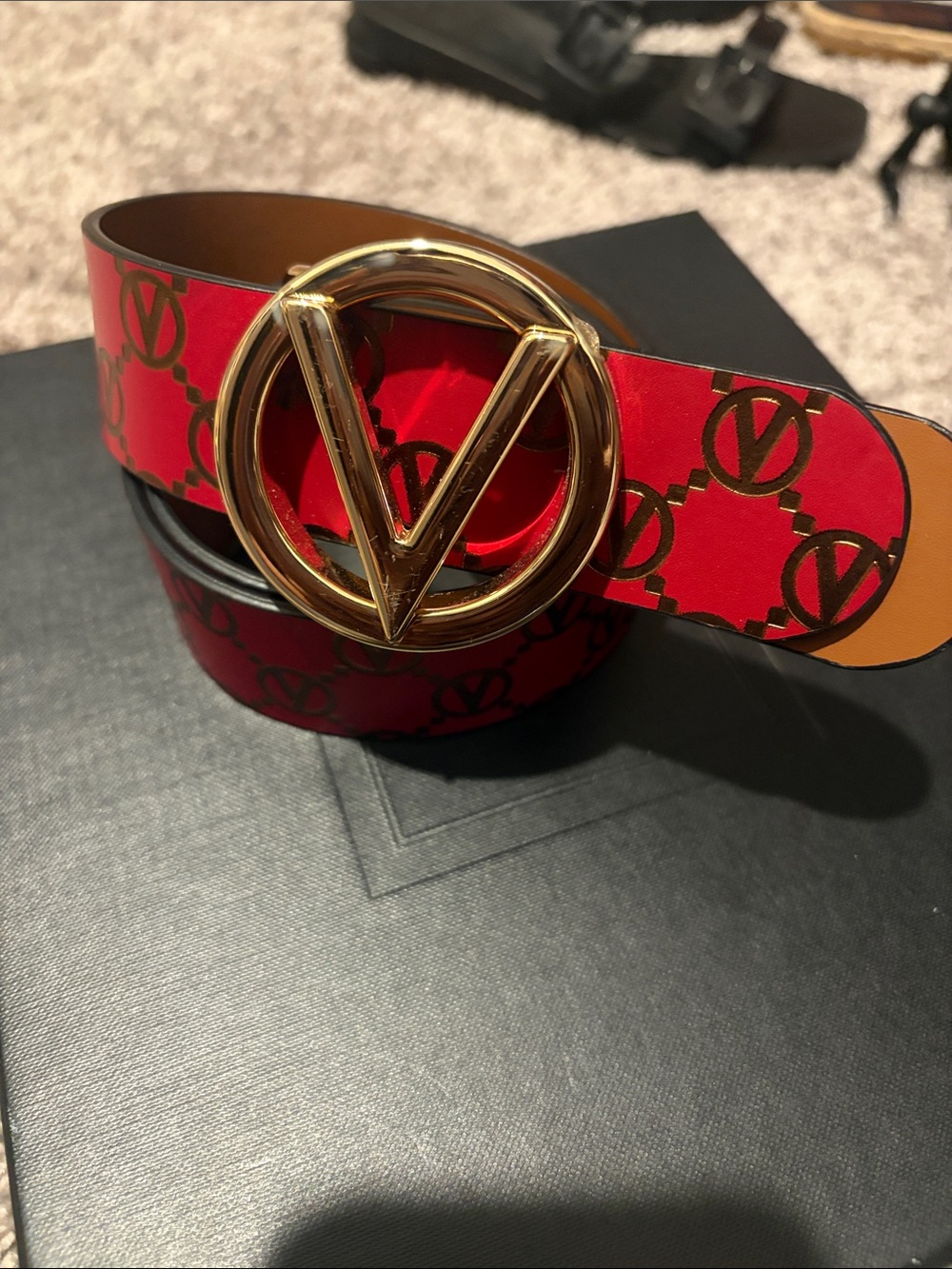 Mario Valentino Red/Brown Leather Logo Belt with Gold Foil Branding
